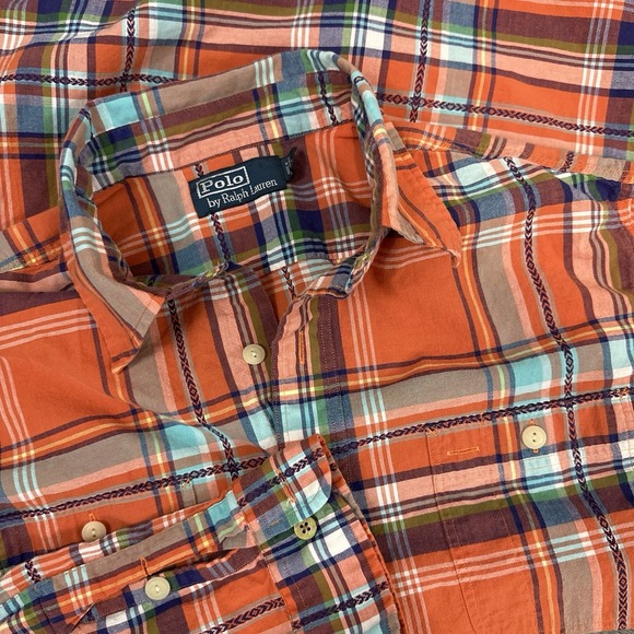 Polo Ralph Lauren Button Up‎ Shirt Mens L Plaid Navajo Accent Orange Read - Picture 1 of 13